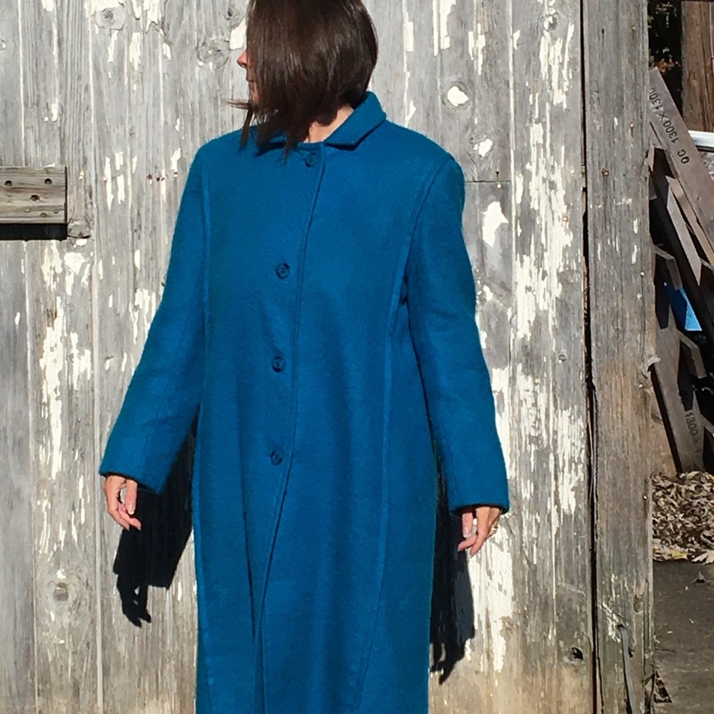 Vintage turquoise blue Trench Coat Rice Coat Company 70s 80s large wool mohair